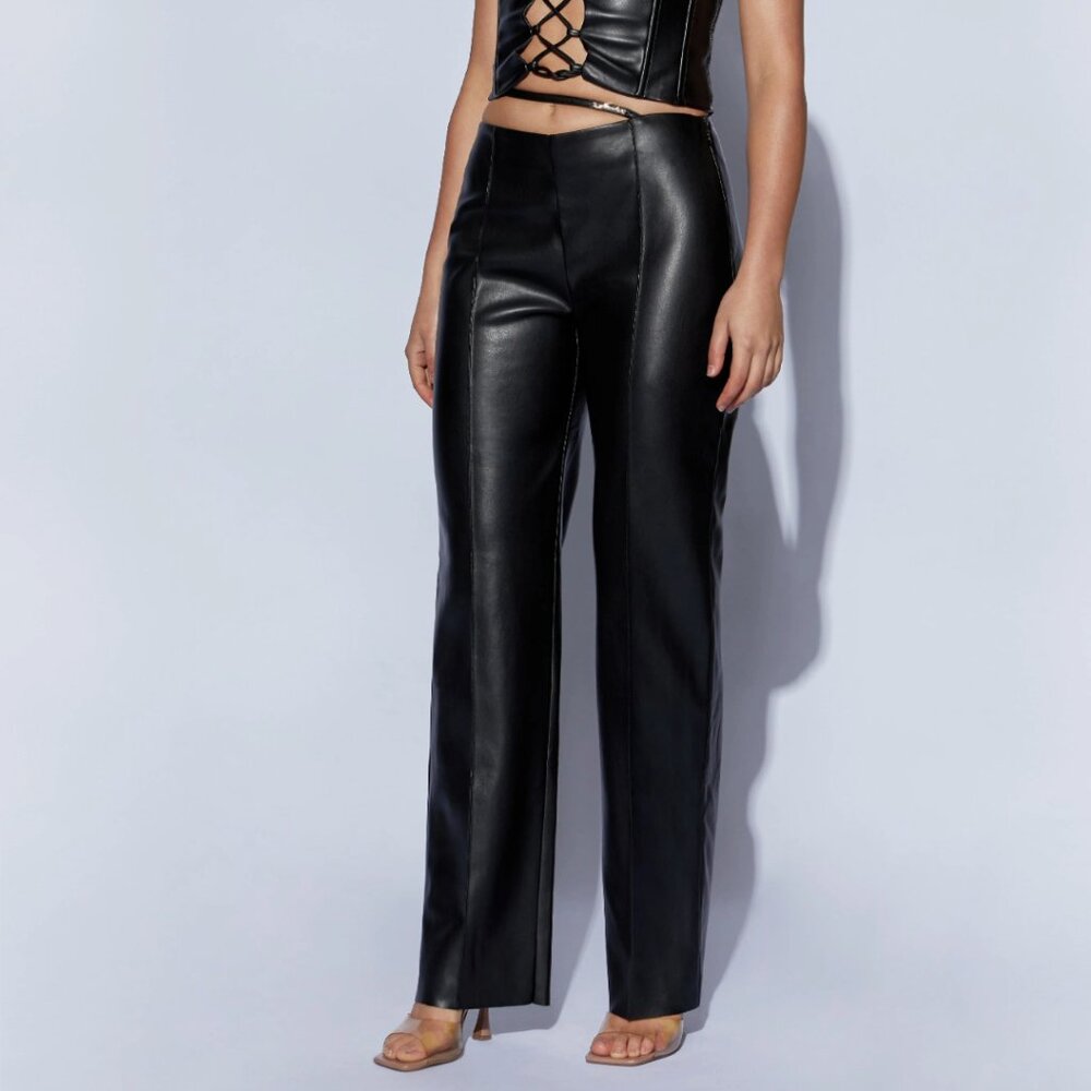 Meshki Zarsa Wide Leg Mid Rise Faux Vegan Leather Pants Going Out Minimalist
